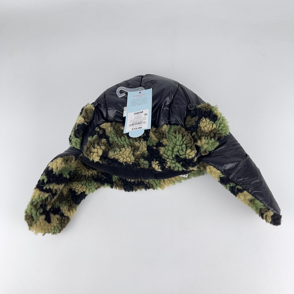 Cat & Jack Beanie Trapper Hat‎ One Size Black Green Camouflage Fleece Ear Flap